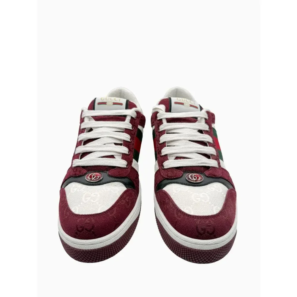 Gucci Mens GG Monogram Web Stripe Low Top Sneakers Burgundy Ivory Size 8 Italy